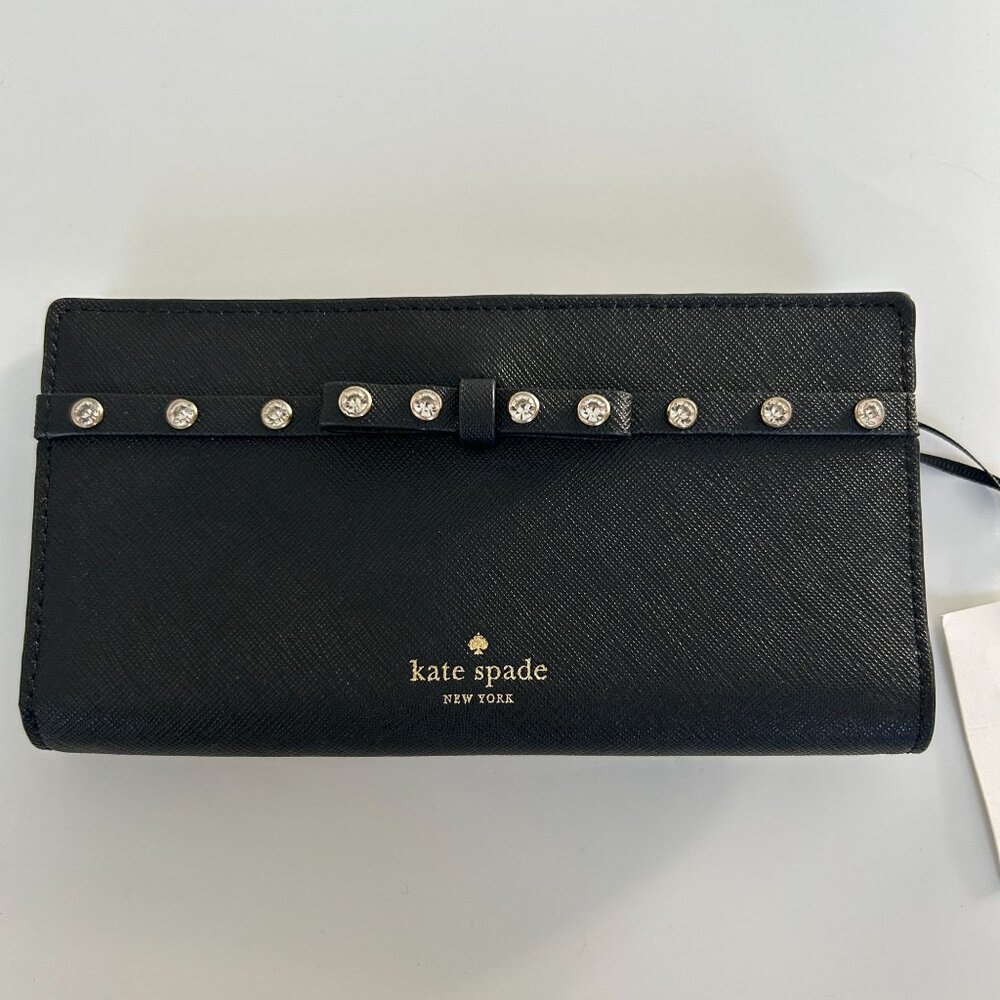 NWT Kate Spade Stacy Laurel Way Black Jeweled Wallet Bow Saffiano Leather - Picture 2 of 10